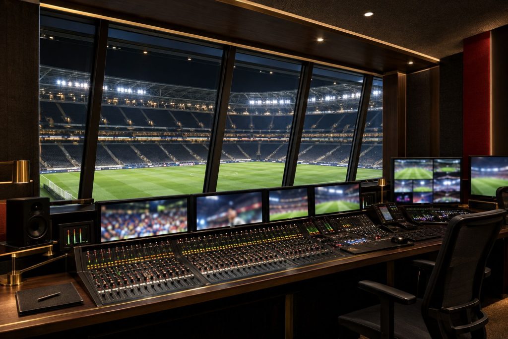 Concept rendering of a stadium production control room with a mixing console overlooking the field at night